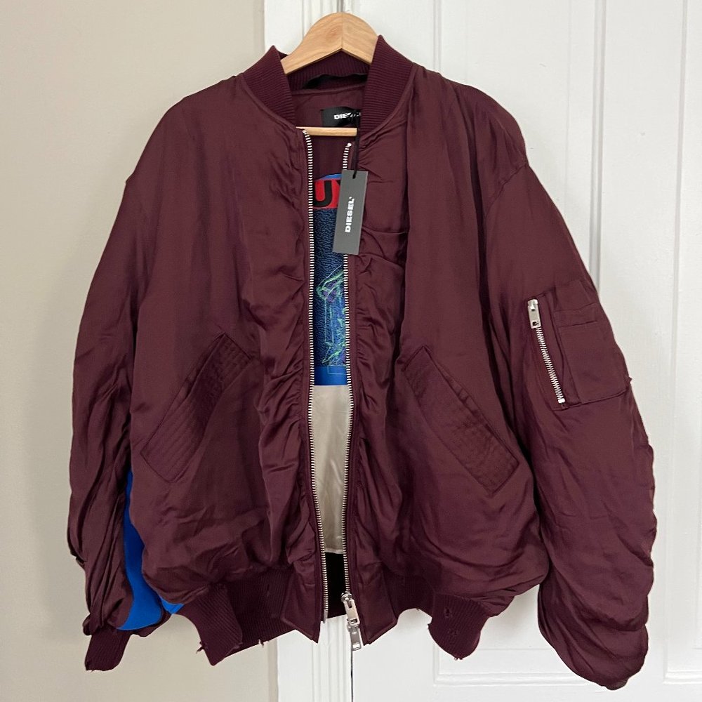 NWT Diesel G-Krista-B Oversized Purple Maroon Satin Bomber Jacket Sz S